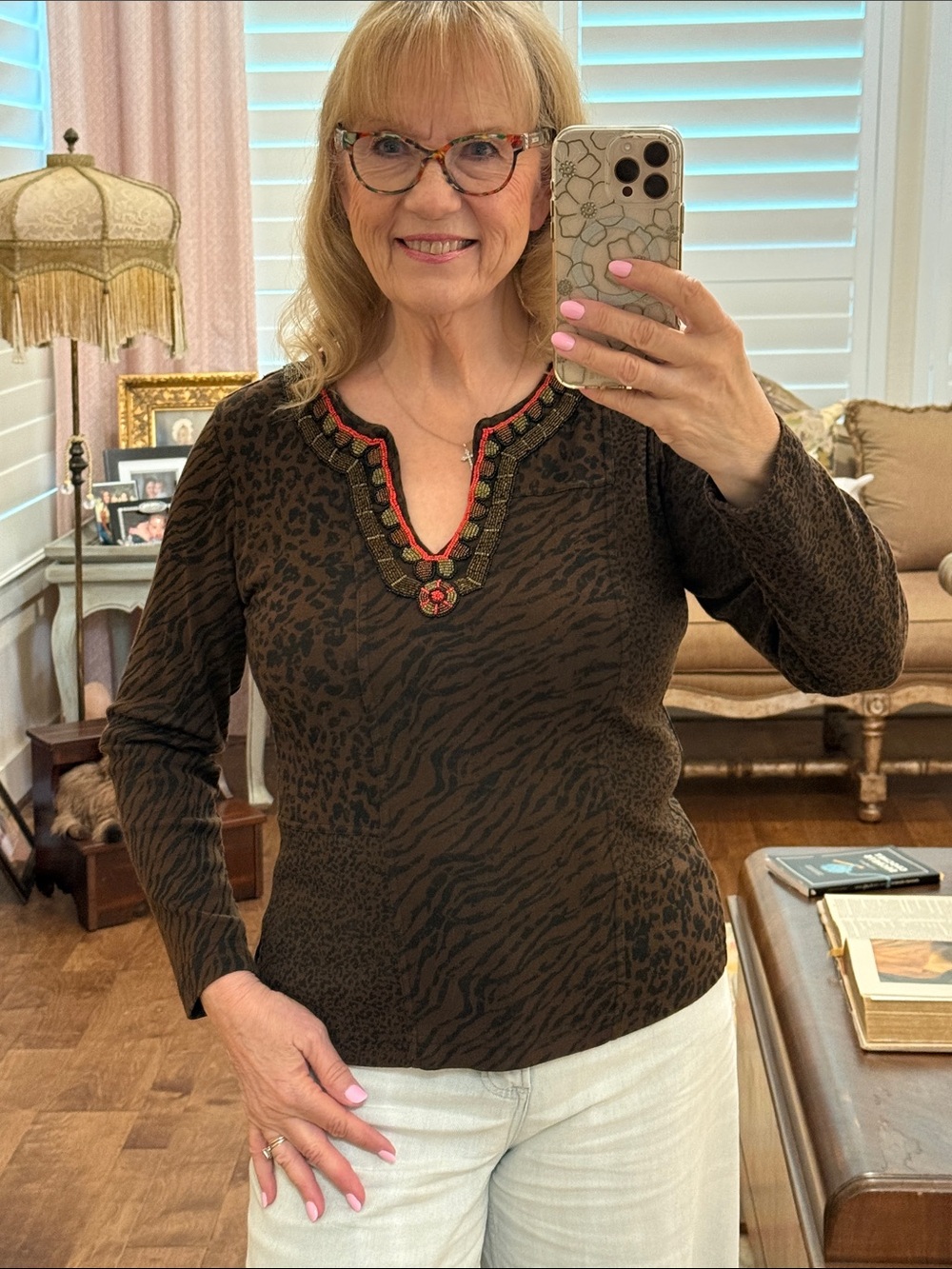 Chico's embellished animal print top
